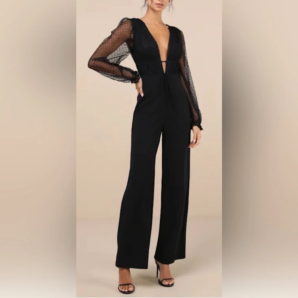 Lulus NWT “Sweet Twist” Black Swiss Dot Tulle Long Sleeve Jumpsuit. Size Small. - Picture 9 of 11